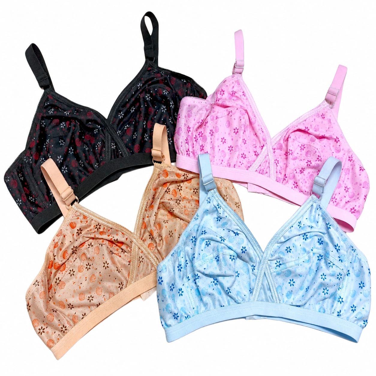 Printed Bra Brief Blouse Brazier Brassie - Comfortable Daily Innerwear Set (Size 32) Pack Of 4 Women Ladies Girls Classy Multi Colour Jersey